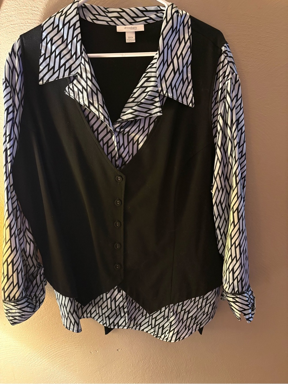 dressbarn Black Layered Button-Down Shirt with Lavender Geometric Print
